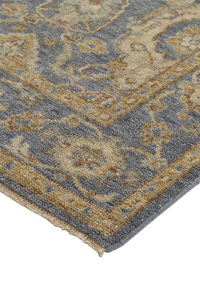 5' X 8' Blue Gold And Tan Wool Floral Hand Knotted Stain Resistant Area Rug With Fringe