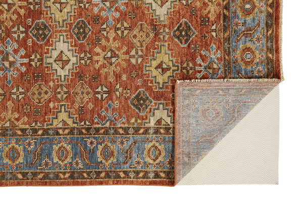 9' X 12' Red Blue And Orange Wool Floral Hand Knotted Stain Resistant Area Rug With Fringe