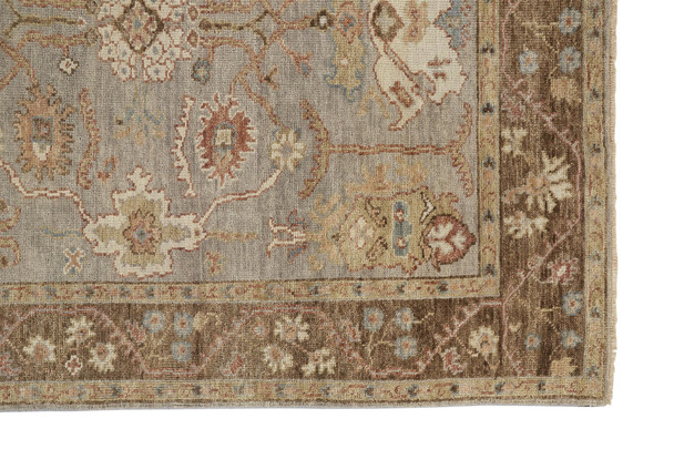 2' X 3' Gray Brown And Gold Wool Floral Hand Knotted Stain Resistant Area Rug With Fringe