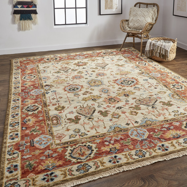 4' X 6' Ivory Red And Blue Wool Floral Hand Knotted Stain Resistant Area Rug