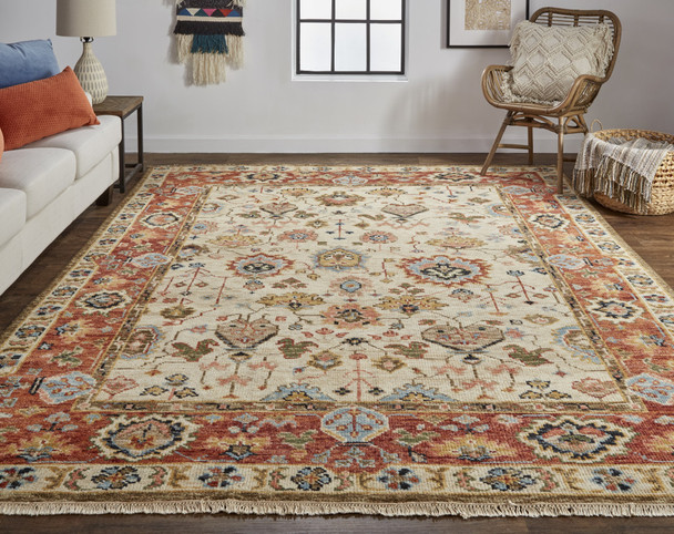 10' X 13' Ivory Red And Blue Wool Floral Hand Knotted Stain Resistant Area Rug