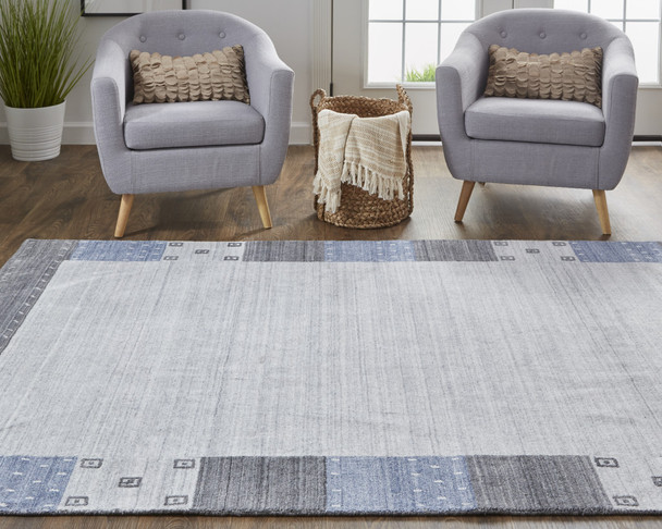 5' X 8' Gray Blue And Black Wool Hand Knotted Stain Resistant Area Rug