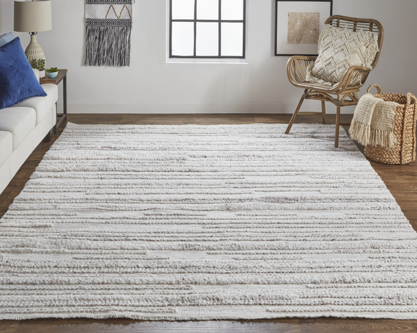 9' X 12' Ivory And Taupe Striped Hand Woven Stain Resistant Area Rug