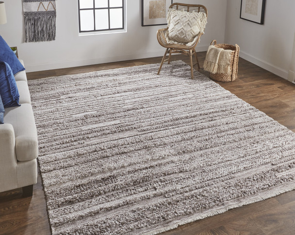 9' X 12' Taupe Brown And Ivory Striped Hand Woven Stain Resistant Area Rug