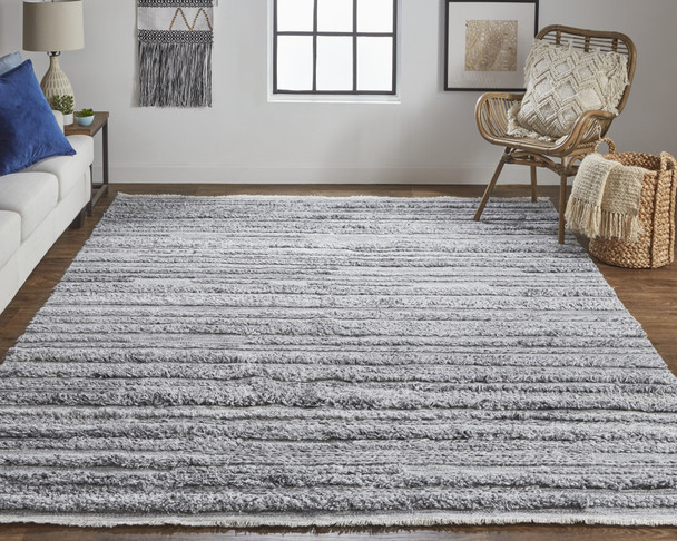 9' X 12' Gray And Ivory Striped Hand Woven Stain Resistant Area Rug