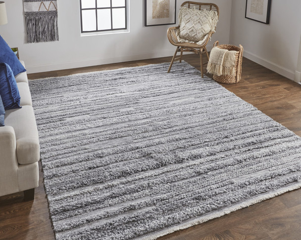 10' X 14' Gray And Ivory Striped Hand Woven Stain Resistant Area Rug