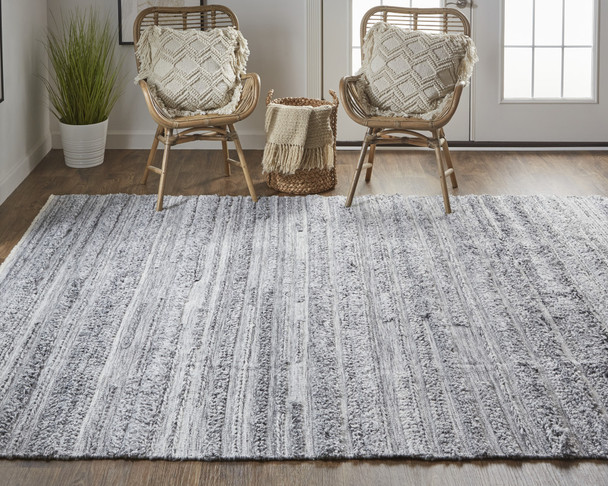 10' X 14' Gray And Ivory Striped Hand Woven Stain Resistant Area Rug