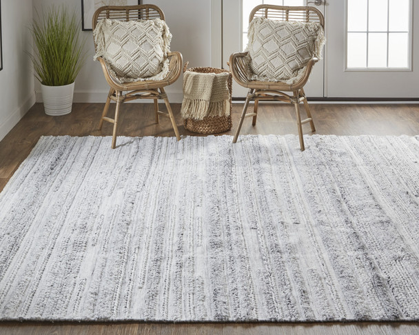 9' X 12' Gray Silver And Ivory Striped Hand Woven Stain Resistant Area Rug