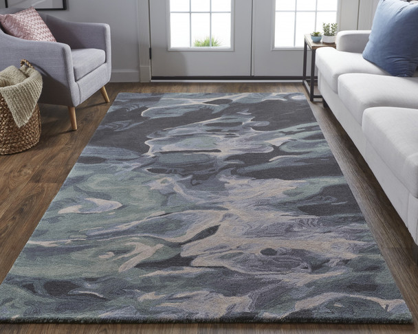 4' X 6' Green Blue And Black Wool Abstract Tufted Handmade Stain Resistant Area Rug