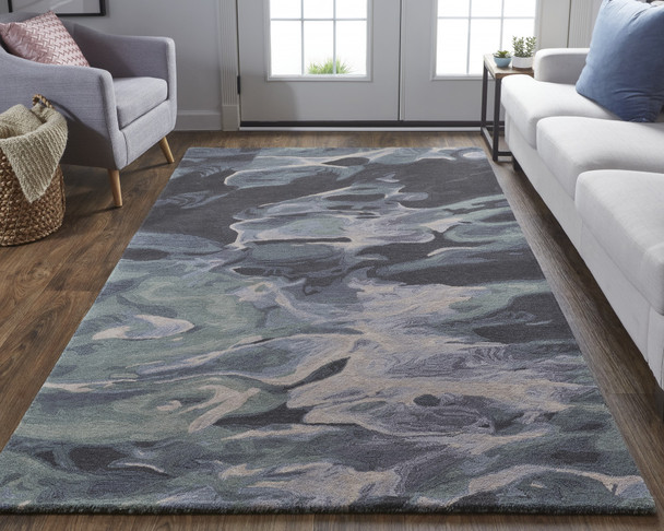 5' X 8' Green Blue And Black Wool Abstract Tufted Handmade Stain Resistant Area Rug