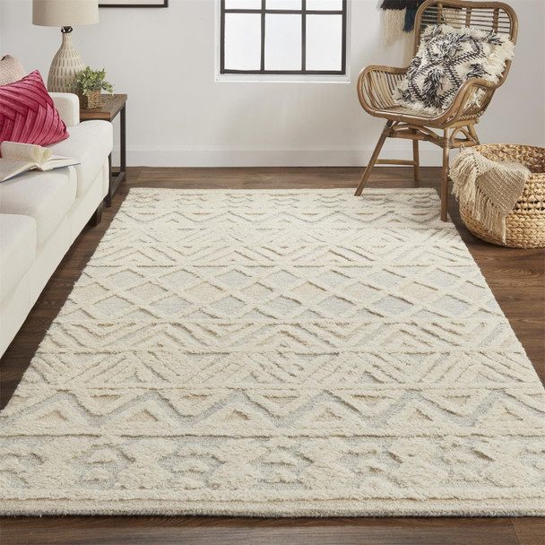 12' X 15' Ivory Blue And Tan Wool Geometric Tufted Handmade Area Rug