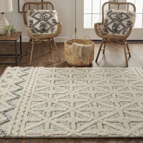 12' X 15' Ivory And Black Wool Geometric Tufted Handmade Area Rug