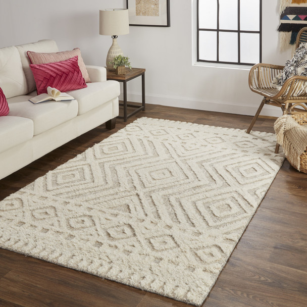 9' X 12' Ivory And Tan Wool Geometric Tufted Handmade Stain Resistant Area Rug