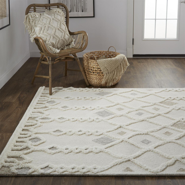 10' X 14' Ivory Tan And Silver Wool Geometric Tufted Handmade Stain Resistant Area Rug