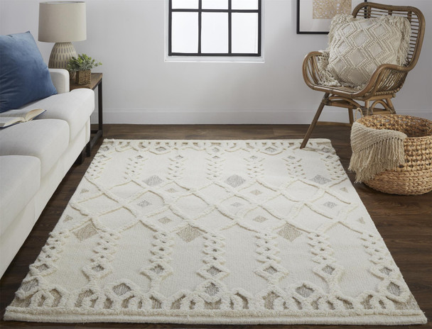 12' X 15' Ivory Tan And Silver Wool Geometric Tufted Handmade Area Rug