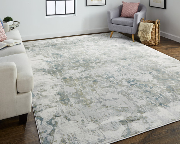 5' X 8' Green Gray And Ivory Abstract Distressed Stain Resistant Area Rug