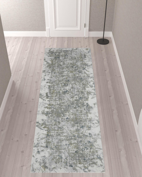 10' Green Gray And Ivory Abstract Distressed Stain Resistant Runner Rug