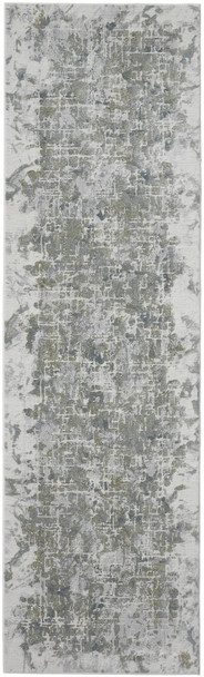 8' Green Gray And Ivory Abstract Distressed Stain Resistant Runner Rug