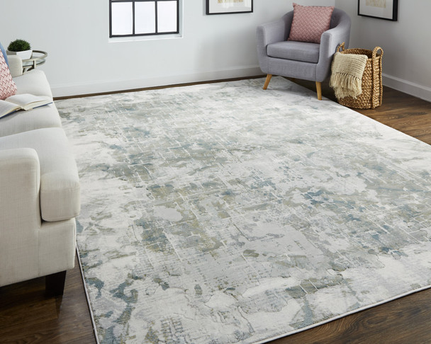 2' X 3' Green Gray And Ivory Abstract Distressed Stain Resistant Area Rug