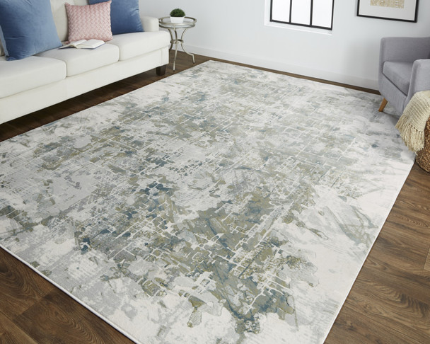 2' X 3' Green Gray And Ivory Abstract Distressed Stain Resistant Area Rug