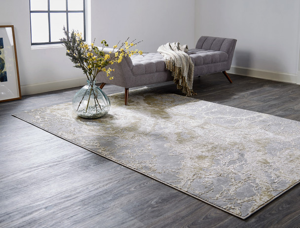 4' X 6' Ivory Silver And Gold Abstract Area Rug