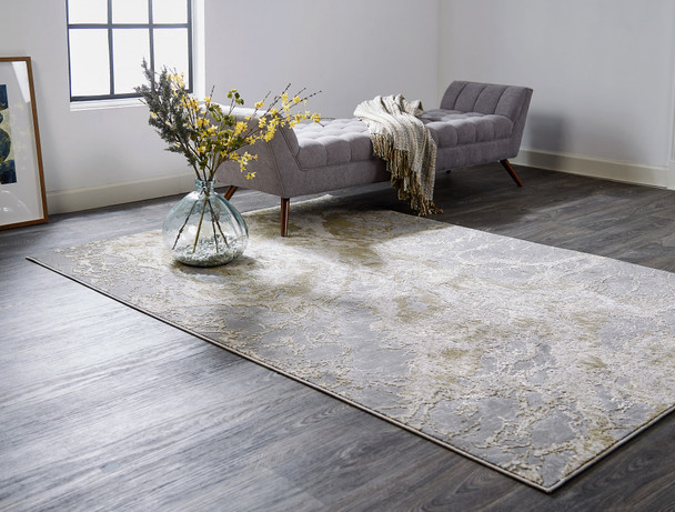 9' X 12' Ivory Silver And Gold Abstract Area Rug