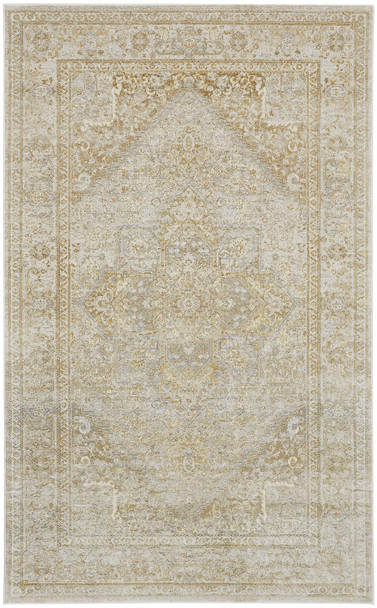 7' X 10' Ivory And Gold Floral Stain Resistant Area Rug