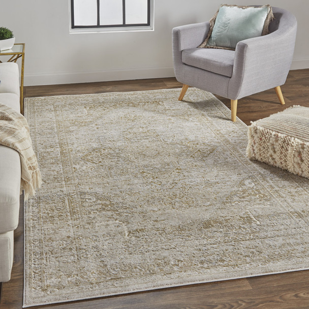 7' X 10' Ivory And Gold Floral Stain Resistant Area Rug