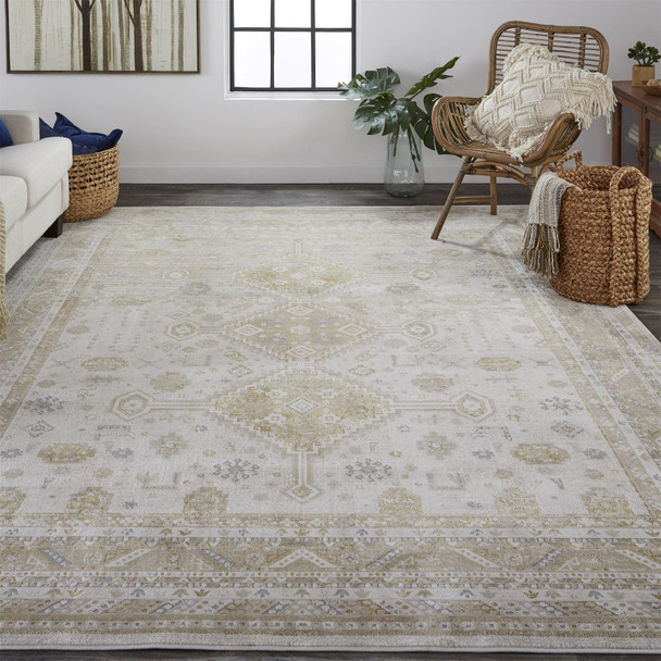 10' X 13' Gold And Ivory Floral Stain Resistant Area Rug