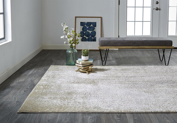 9' X 12' Ivory Gray And Gold Abstract Area Rug