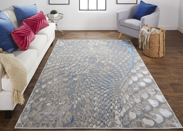 8' X 11' Blue Silver And Gray Geometric Stain Resistant Area Rug