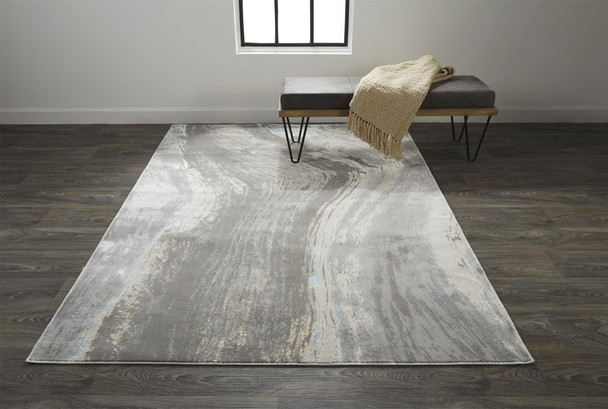 12' X 15' Gray Ivory And Blue Abstract Area Rug