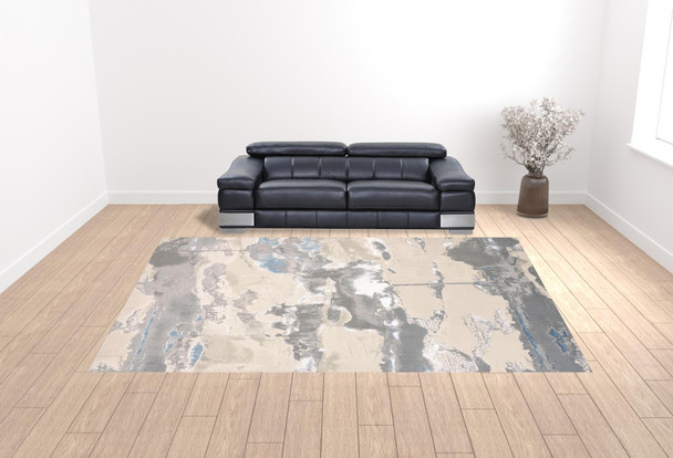 12' X 15' Ivory Gray And Blue Abstract Area Rug