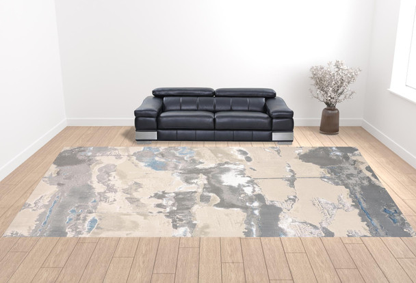 Ivory Gray And Blue Abstract Area Rug