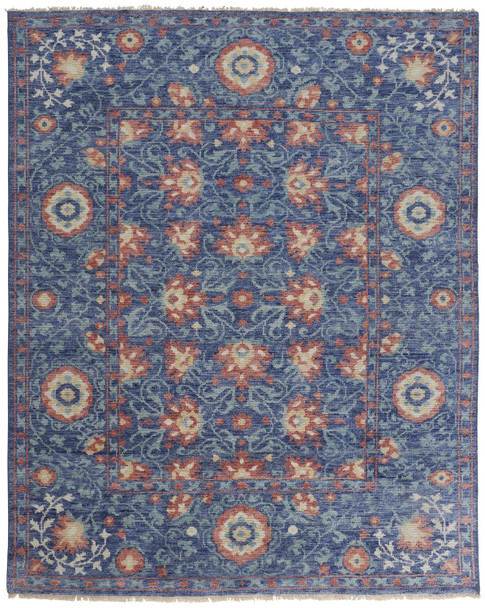 5' X 8' Blue And Red Wool Floral Hand Knotted Stain Resistant Area Rug