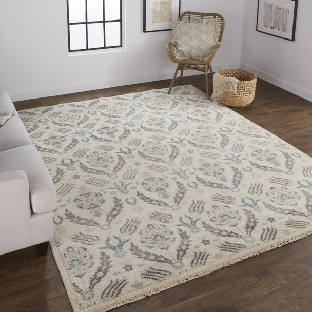 5' X 8' Ivory Gray And Blue Wool Floral Hand Knotted Stain Resistant Area Rug