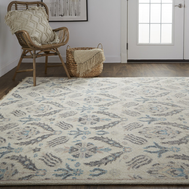 2' X 3' Ivory Gray And Blue Wool Floral Hand Knotted Stain Resistant Area Rug