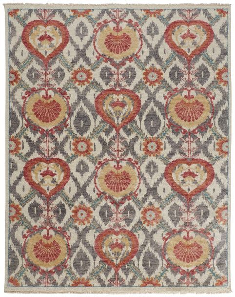 9' X 12' Orange And Gray Wool Floral Hand Knotted Stain Resistant Area Rug