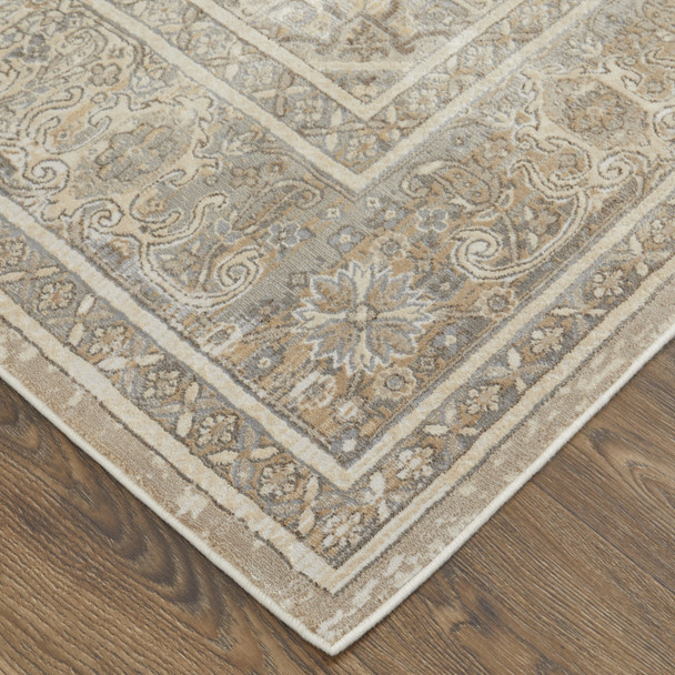 8' X 10' Tan Brown And Ivory Floral Power Loom Distressed Area Rug