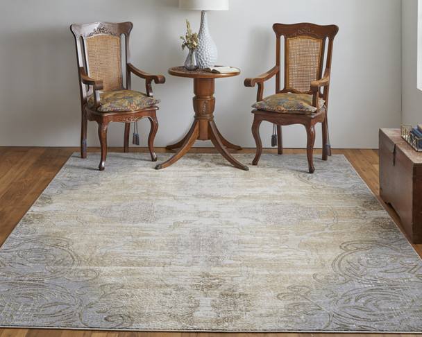 8' X 10' Silver Tan And Gray Floral Power Loom Area Rug