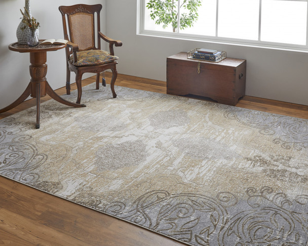 10' X 14' Silver Tan And Gray Floral Power Loom Area Rug