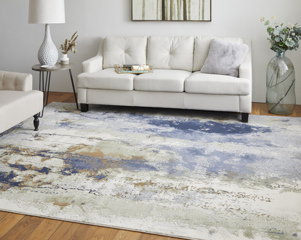 10' X 13' Blue Orange And Ivory Abstract Power Loom Area Rug
