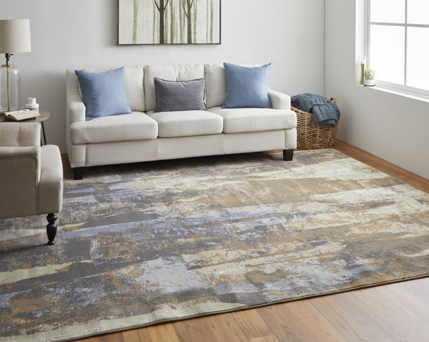 8' X 10' Brown Blue And Ivory Abstract Power Loom Distressed Area Rug