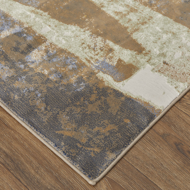 9' X 12' Brown Blue And Ivory Abstract Power Loom Distressed Area Rug