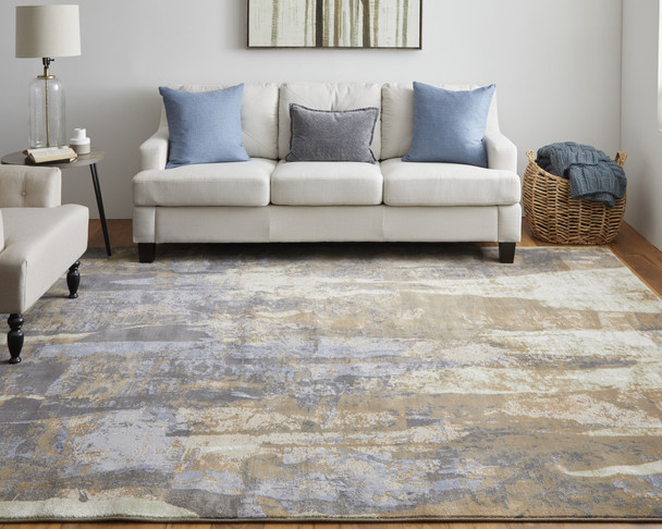 10' X 13' Brown Blue And Ivory Abstract Power Loom Distressed Area Rug