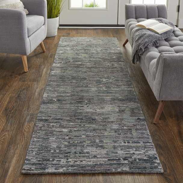 8' Blue And Gray Wool Abstract Hand Knotted Runner Rug