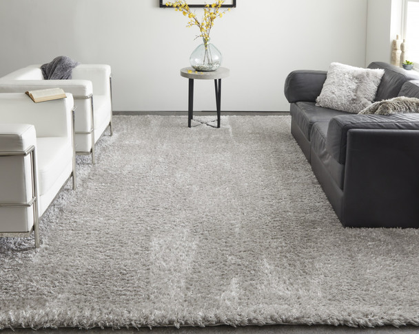 9' X 12' Silver And Gray Shag Power Loom Stain Resistant Area Rug