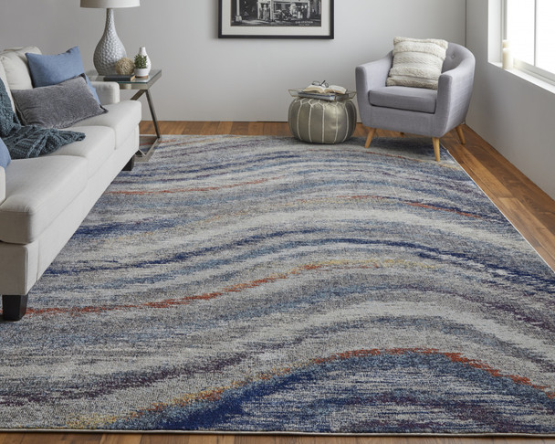 9' X 12' Blue Gray And Orange Abstract Power Loom Stain Resistant Area Rug