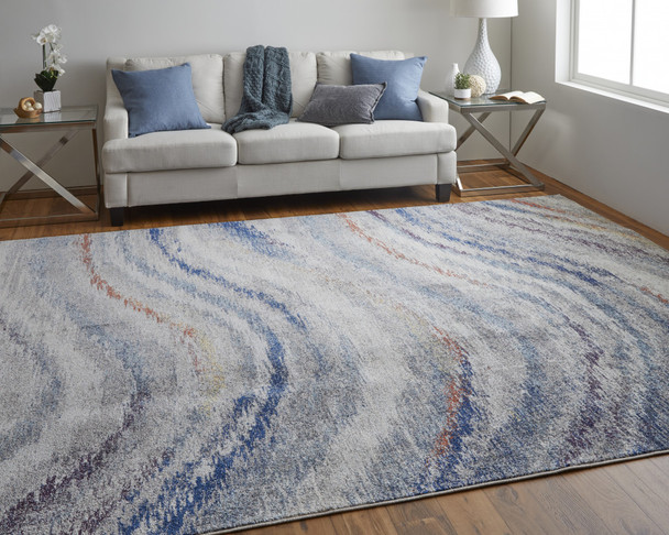 9' X 12' Blue Gray And Orange Abstract Power Loom Stain Resistant Area Rug