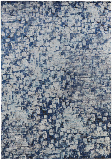 9' X 12' Blue And Ivory Abstract Power Loom Distressed Stain Resistant Area Rug